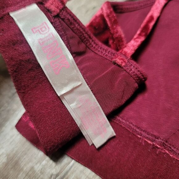 PINK Victoria's Secret Velour Unlined Wireless Strappy Bra Size Small Maroon - Picture 3 of 4